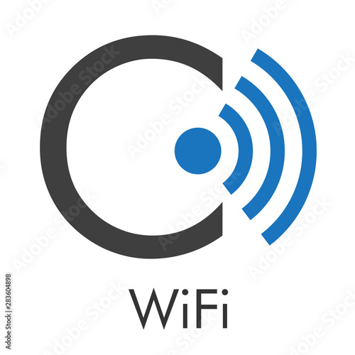 Logotipo abstracto con texto WiFi con letra C con ondas centro en azul y gris