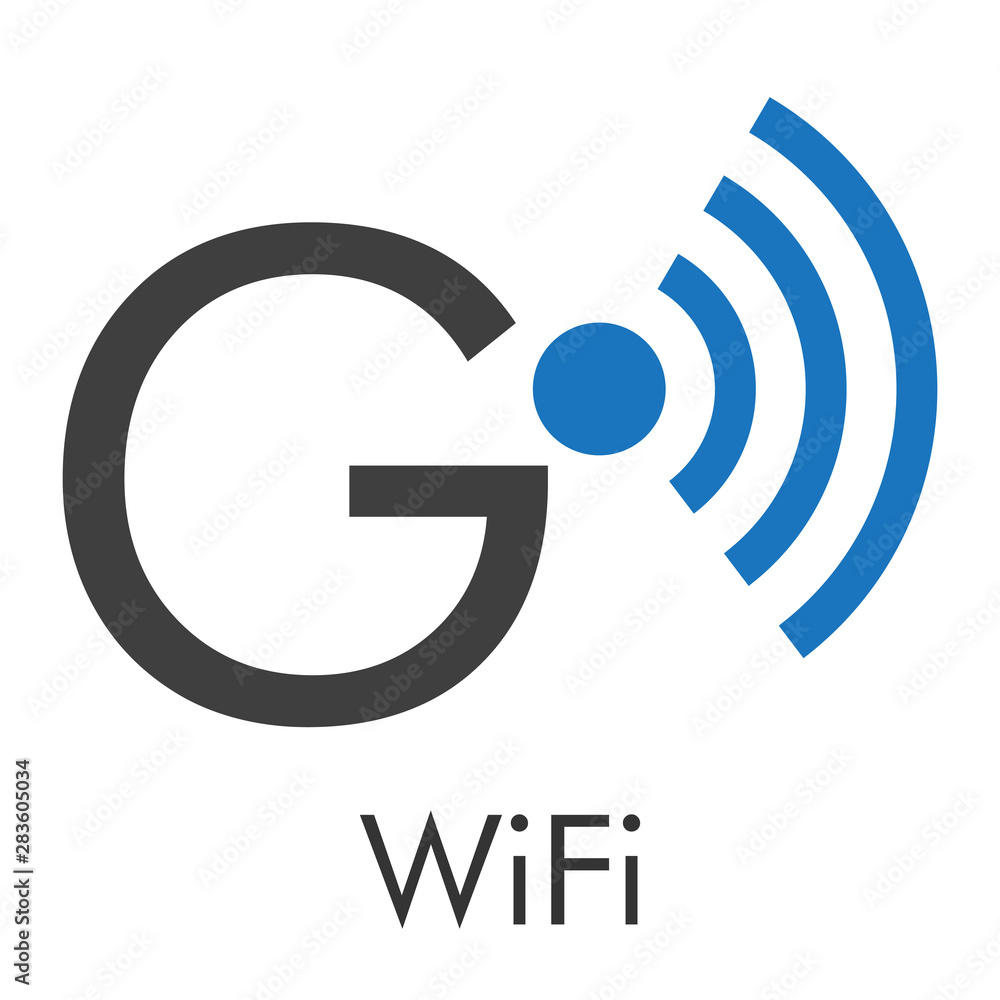 Logotipo abstracto con texto WiFi con letra G con ondas arriba en azul y gris Logotipo abstracto con texto WiFi con letra G con ondas arriba en azul y gris