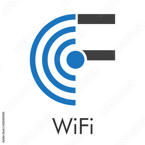 Logotipo abstracto con texto WiFi con letra F con ondas izquierda en azul y gris