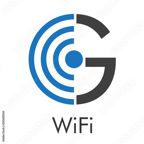Logotipo abstracto con texto WiFi con letra G con ondas izquierda en azul y gris