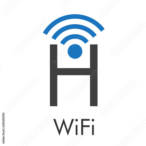 Logotipo abstracto con texto WiFi con letra H con ondas arriba en azul y gris