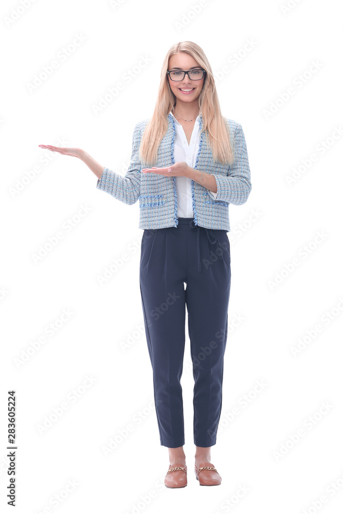 successful business woman showing on blank screen.isolated on white successful business woman showing on blank screen.isolated on white