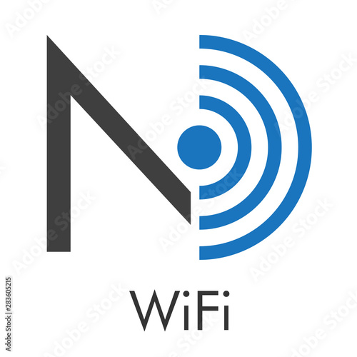 Logotipo abstracto con texto WiFi con letra N con ondas centro en azul y gris