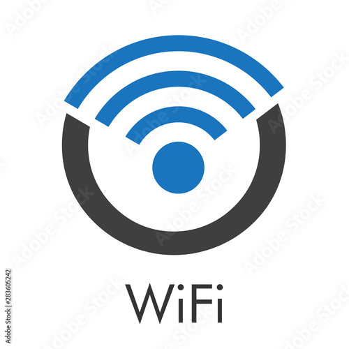 Logotipo abstracto con texto WiFi con letra O con ondas arriba en azul y gris