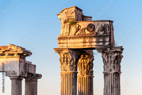 Photography Detailed view of temple ruins in Roman Forum, Rome, Italy