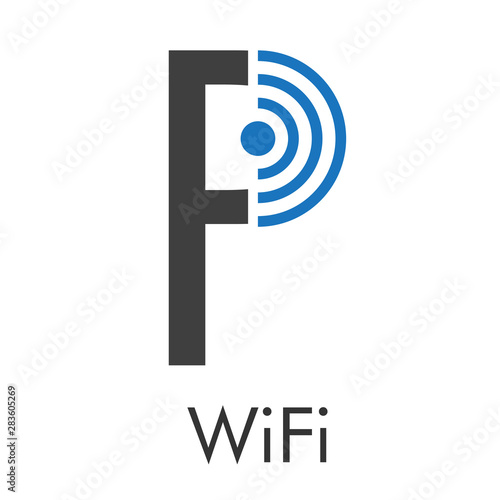 Logotipo abstracto con texto WiFi con letra P con ondas arriba en azul y gris