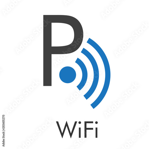 Logotipo abstracto con texto WiFi con letra P con ondas abajo en azul y gris