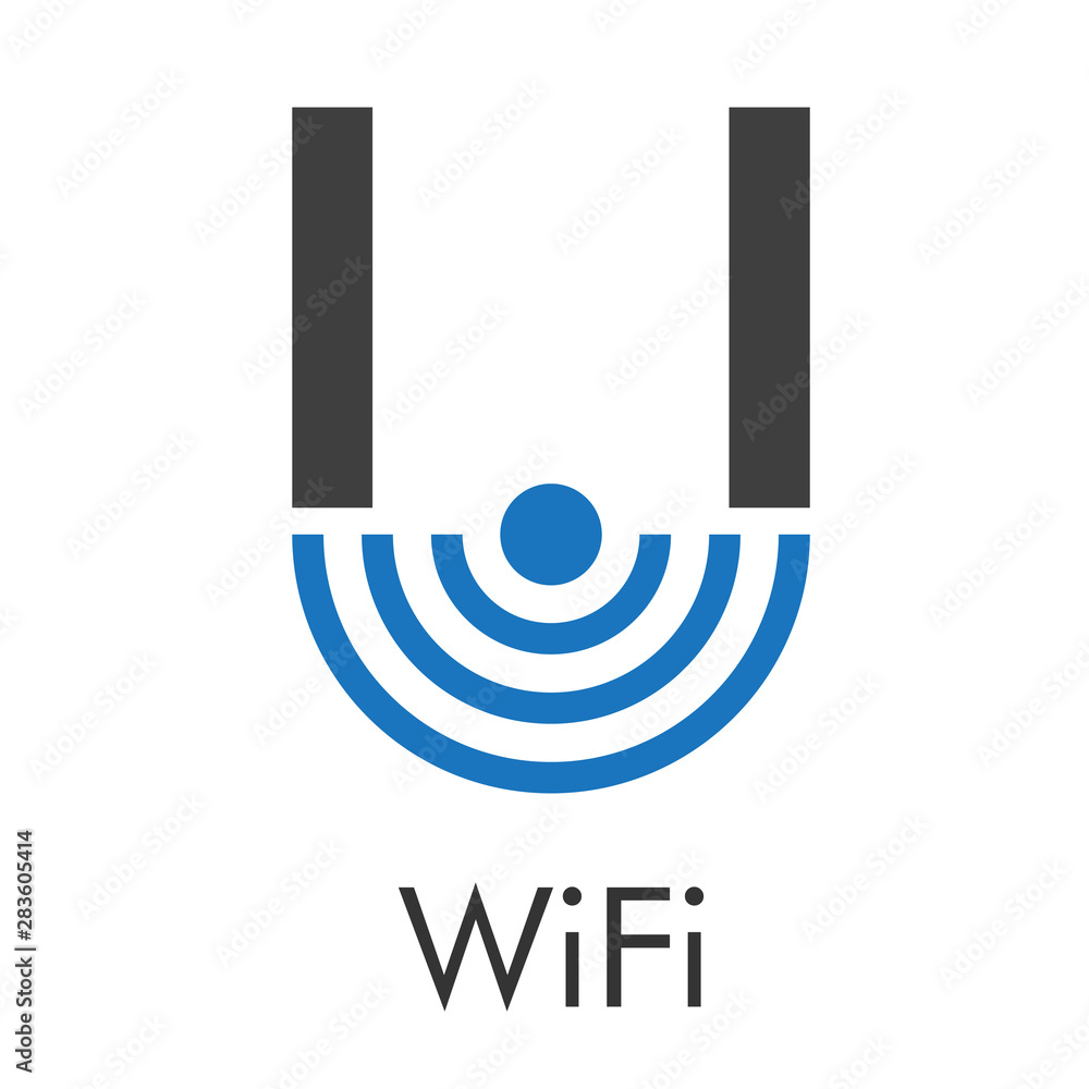 Logotipo abstracto con texto WiFi con letra U con ondas abajo en azul y gris Logotipo abstracto con texto WiFi con letra U con ondas abajo en azul y gris