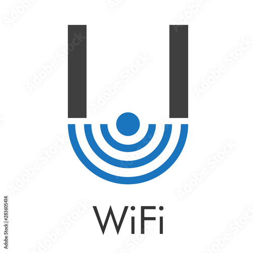 Logotipo abstracto con texto WiFi con letra U con ondas abajo en azul y gris