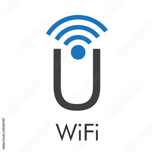 Logotipo abstracto con texto WiFi con letra U con ondas arriba en azul y gris