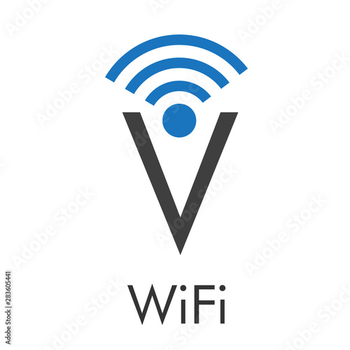 Logotipo abstracto con texto WiFi con letra V con ondas arriba en azul y gris