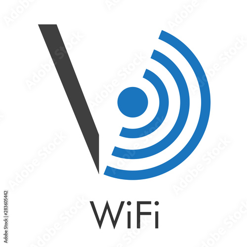 Logotipo abstracto con texto WiFi con letra V con ondas centro en azul y gris