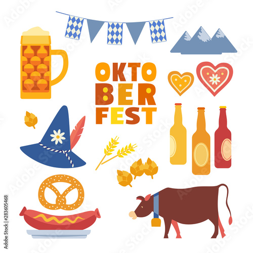 Hand drawn Oktoberfest flat color vector icon set