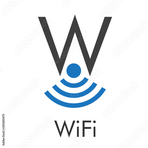 Logotipo abstracto con texto WiFi con letra W con ondas abajo en azul y gris