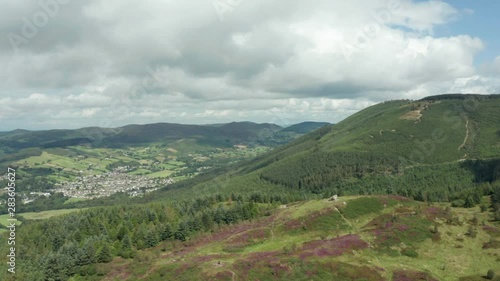 Aerial Flight Over Cloughmore Stone area, Kilbroney Park,countryside Northern Ireland. Hiking And Tourism Concept photo