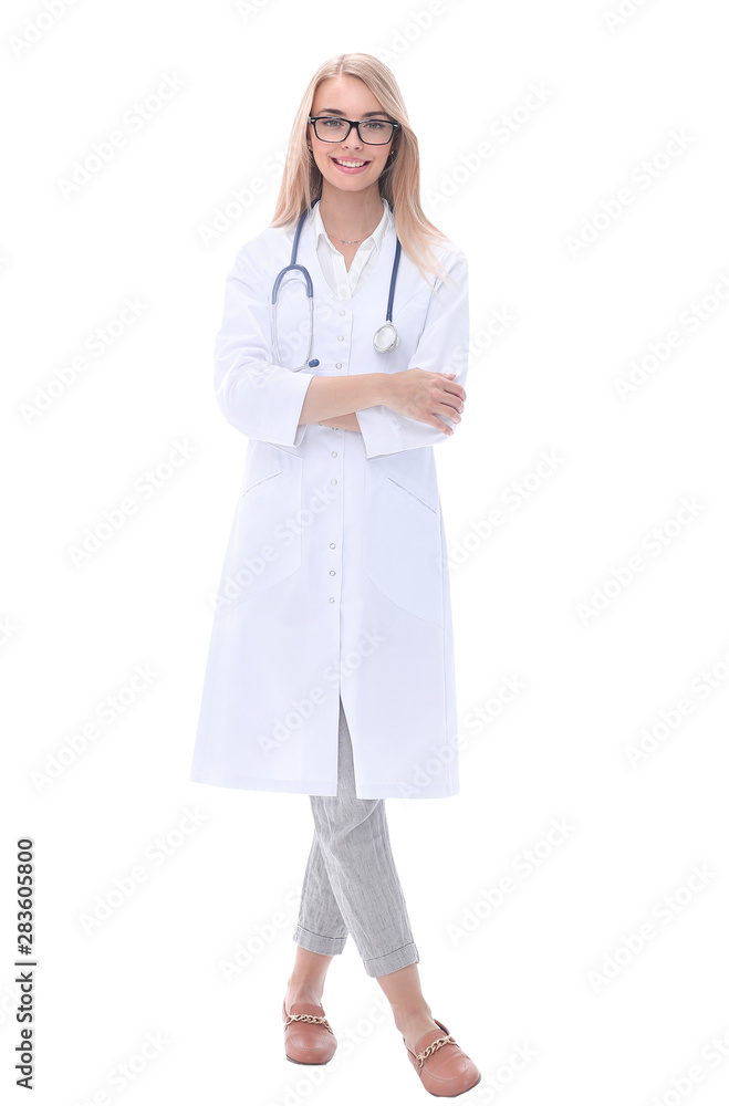 full growth. smiling woman doctor with stethoscope full growth. smiling woman doctor with stethoscope