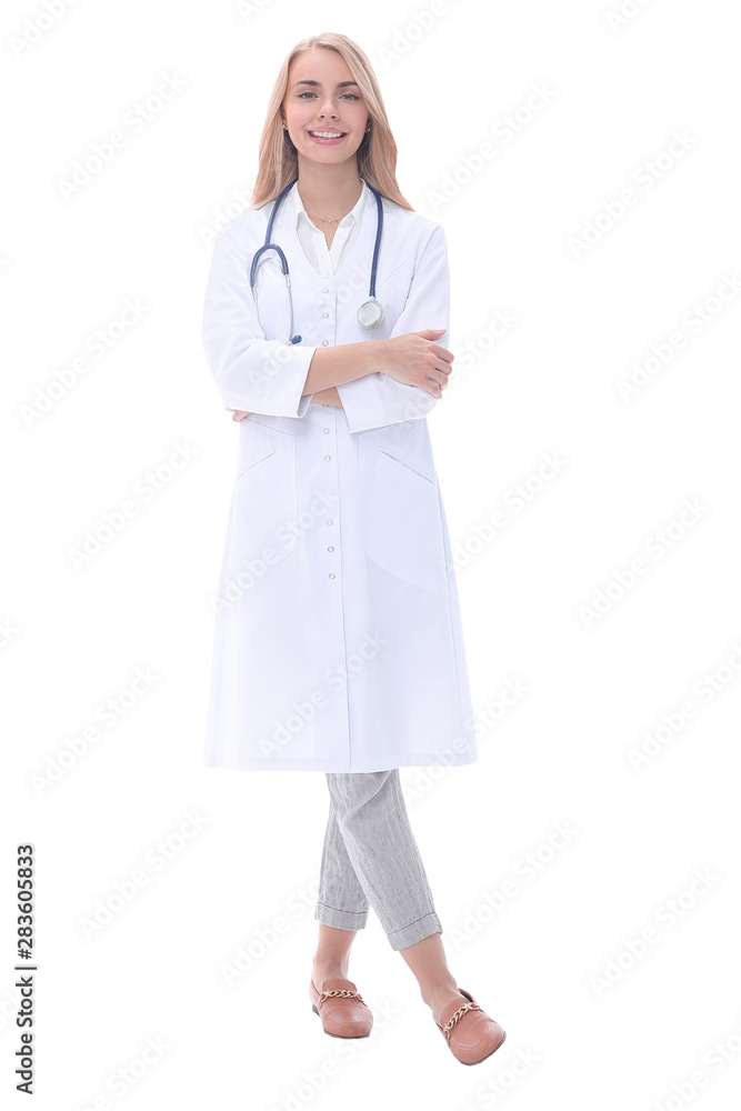 full growth. smiling woman doctor with stethoscope full growth. smiling woman doctor with stethoscope