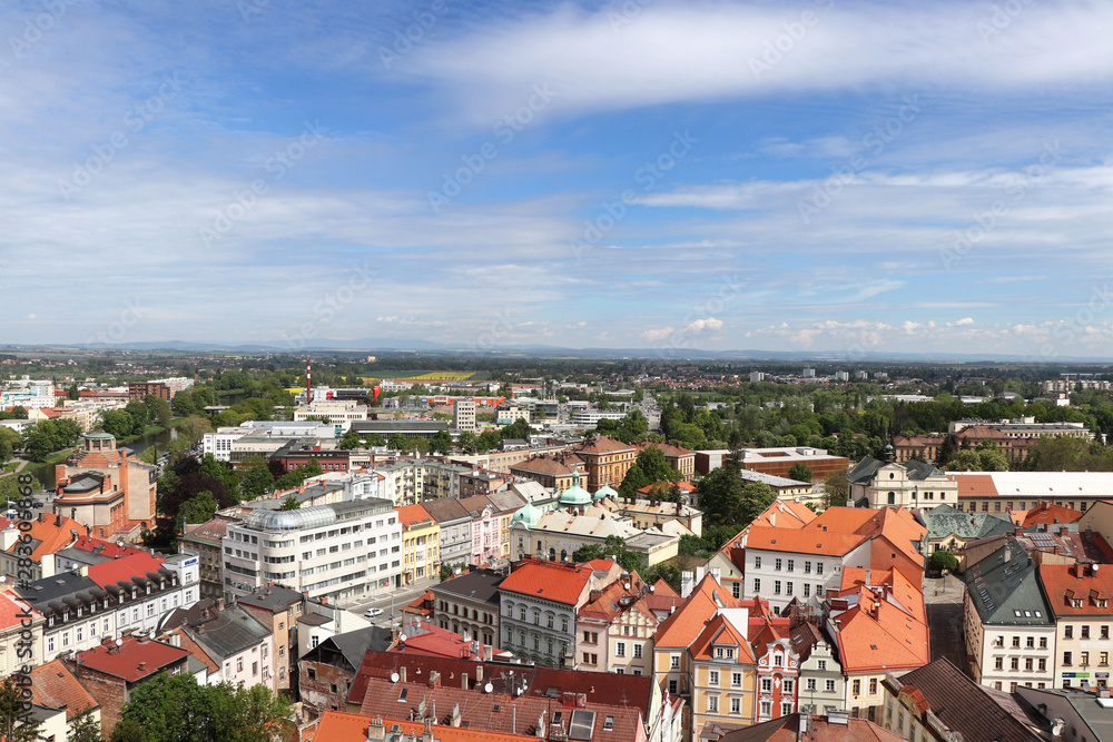Wonderful view from historical tower in Hradec Kralove. Market square and historical part of town. Ancient houses alternating with trees. Ecological city in czech republic