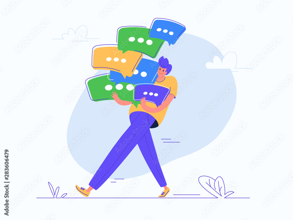 Young man carrying heavy speech bubbles of his online chat or conversation Young man carrying heavy speech bubbles of his online chat or conversation