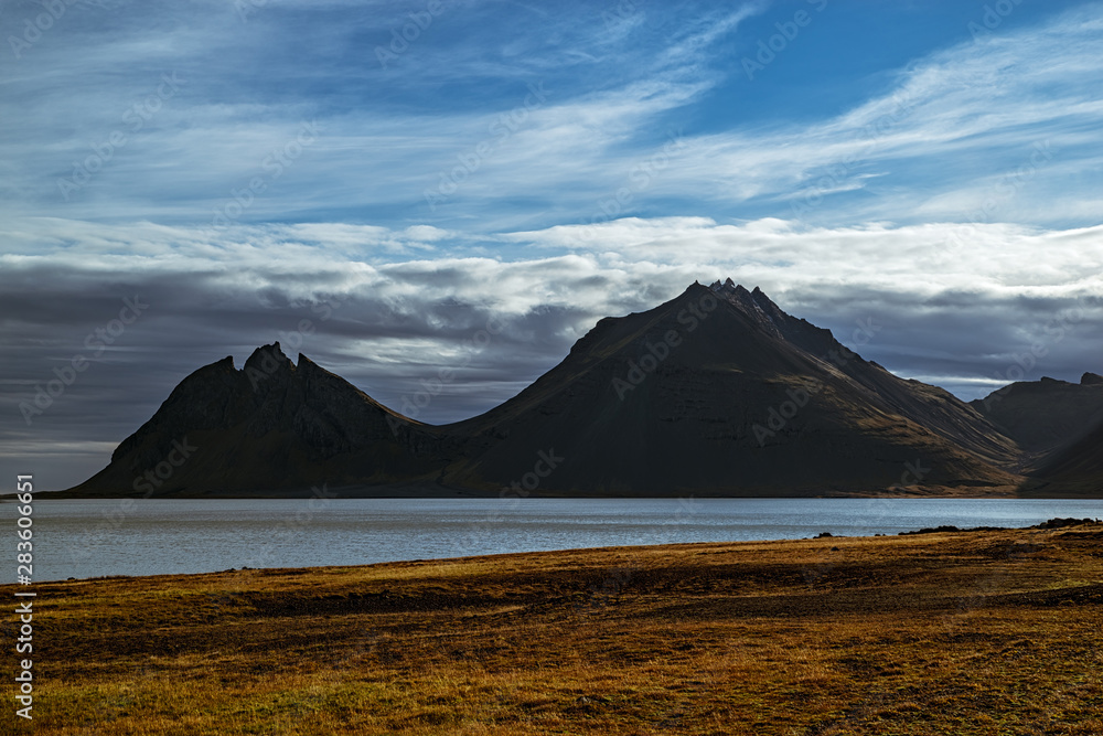 Vestrahorn mountain seen from back near the sunset in Iceland
