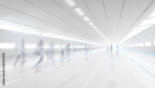 People walking down the shopping gallery corridor. Blurred background. Underground passage. Vector illustration.