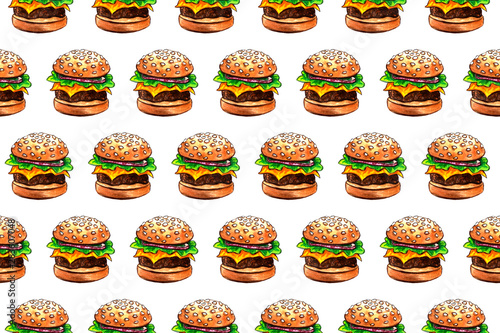 seamless pattern with junk fast food drawing by watercolor, artistic painting background, hand drawn illustration. pizza and burger set