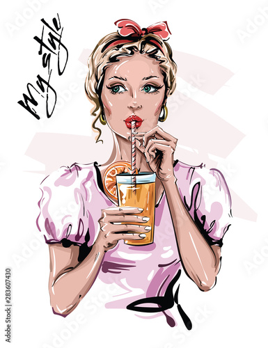 Hand drawn beautiful young woman with drink. Stylish pin-up girl with head accessory. Fashion woman look. Sketch. Vector illustration.