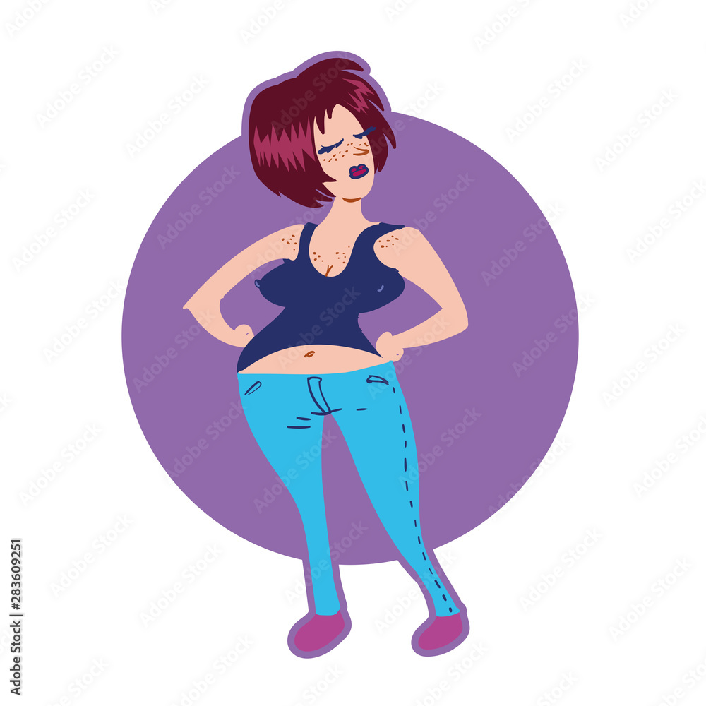 dissatisfied woman who wearing jean. a standing up cartoon woman, flat style vector illustration. dissatisfied woman who wearing jean. a standing up cartoon woman, flat style vector illustration.