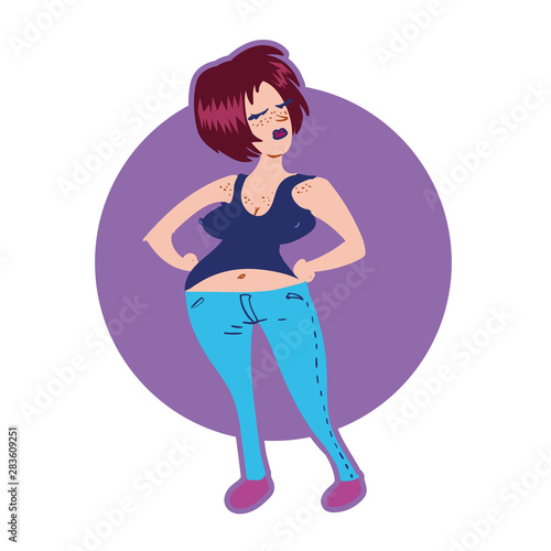 dissatisfied woman who wearing jean. a standing up cartoon woman, flat style vector illustration.