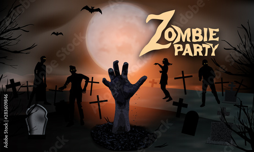 Zombie in the cemetery. Zombie hand rising from the grave at the graveyard with tombstones and moon In spooky night. Halloween party invitation template background. Vector