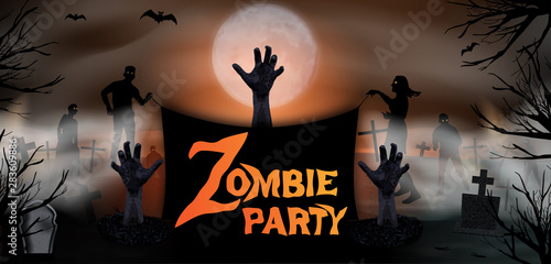 Invitation template Halloween Zombie party. Zombie hand rising out from the ground at the graveyard with tombstones and moon In spooky night. Vector