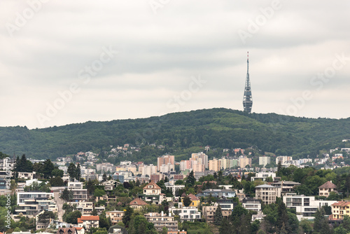 Bratislava 2019. Panorama of the city on a hill with a large TV tower. Private and apartment buildings in Bratislava.