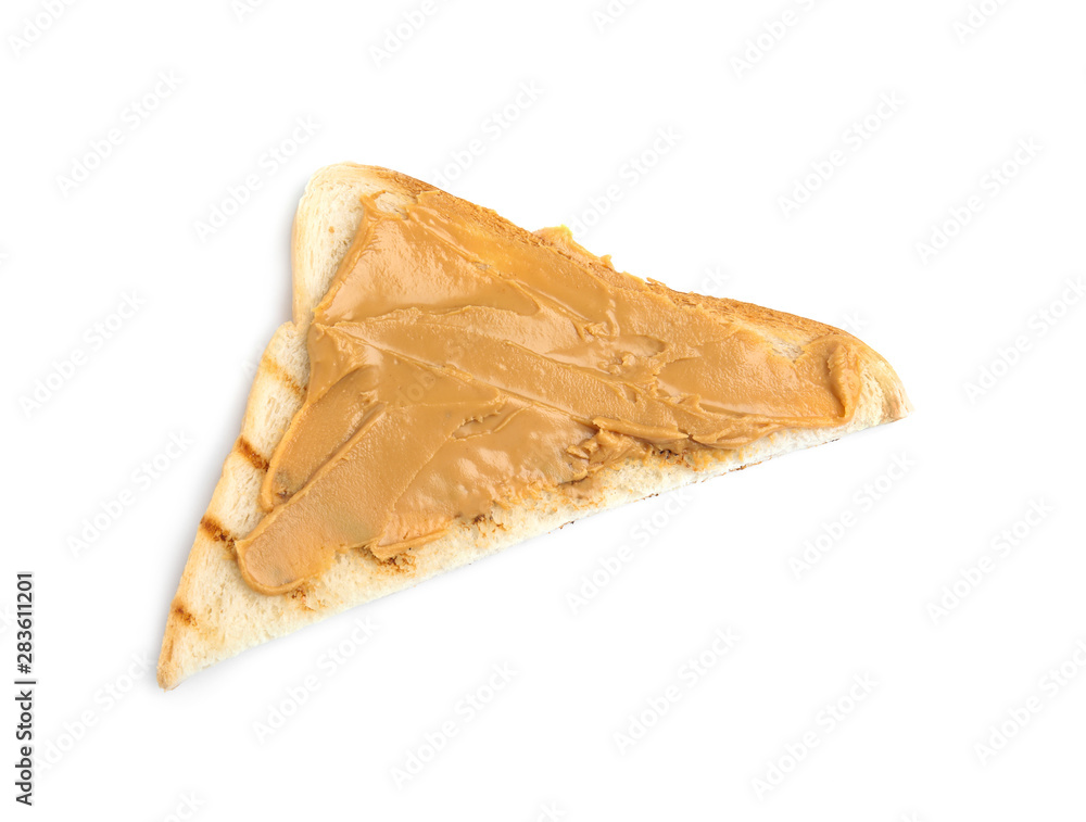 Slice of bread with peanut butter on white background, top view Slice of bread with peanut butter on white background, top view