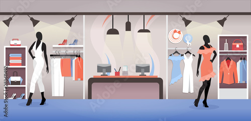 Clothes shop interior, dress and accessory boutique with racks and cashboxes