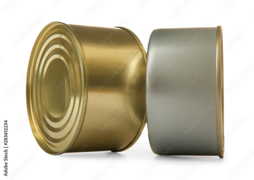 Closed tin cans isolated on white, mockup for design Closed tin cans isolated on white, mockup for design