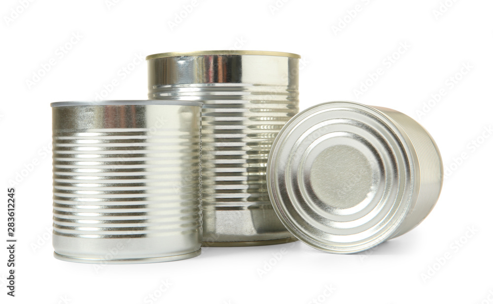 Closed tin cans isolated on white, mockup for design Closed tin cans isolated on white, mockup for design