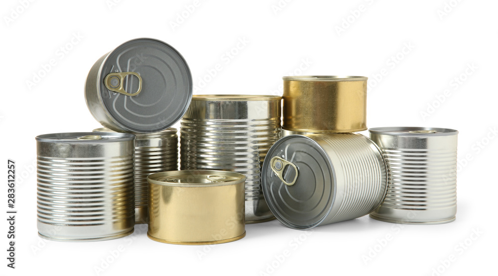 Closed tin cans isolated on white, mockup for design Closed tin cans isolated on white, mockup for design