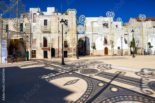 Piazza Umberto I or Umberto I Square beautiful decoration for La Festa di San Rocco, Saint Roch's Feast in Noicattaro, Apulia, Italy