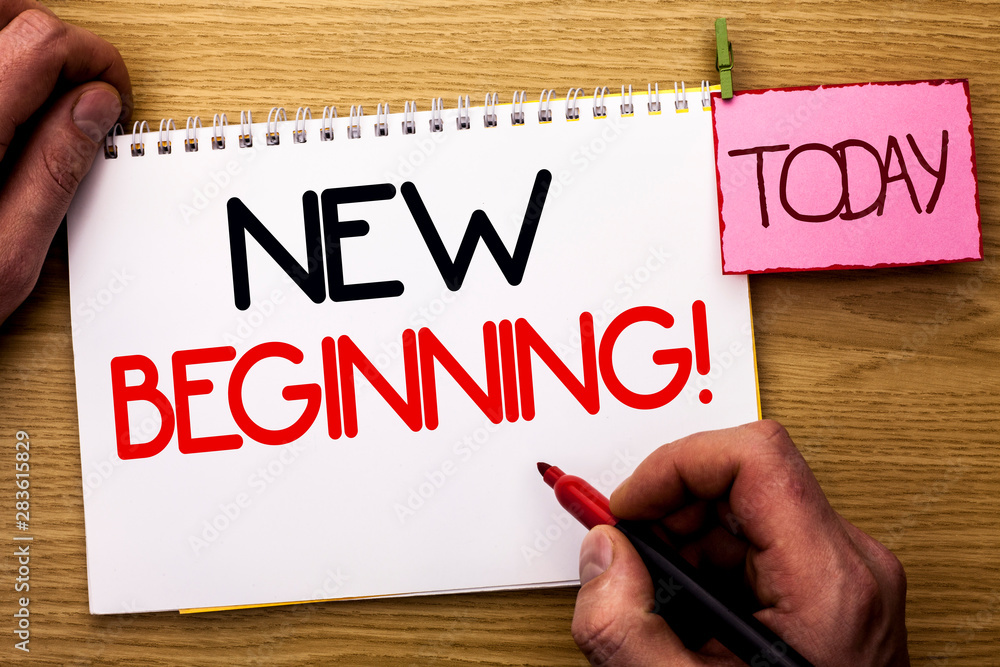Word writing text New Beginning Motivational Call. Business concept for Fresh Start Changing Form Growth Life written by Man Notebook Book Holding Marker the Wooden background Today. Word writing text New Beginning Motivational Call. Business concept for Fresh Start Changing Form Growth Life written by Man Notebook Book Holding Marker the Wooden background Today.