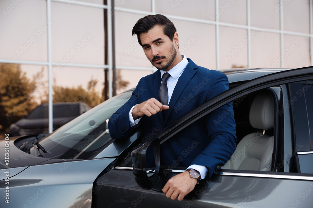 Attractive young man near luxury car outdoors Attractive young man near luxury car outdoors