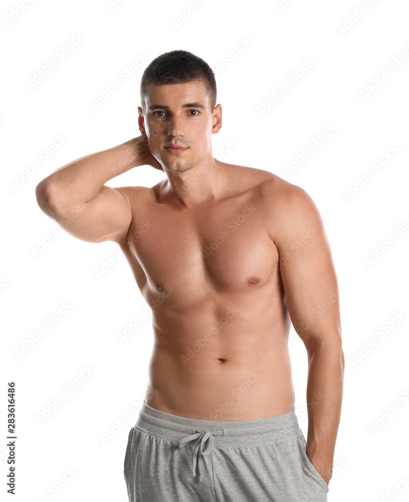 Young man with slim body on white background Young man with slim body on white background