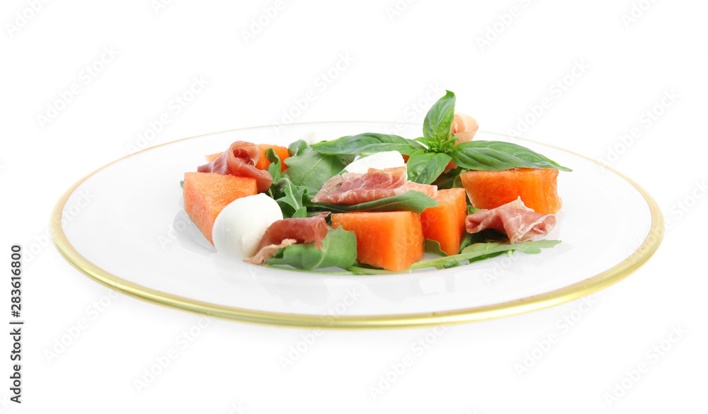 Fresh melon with prosciutto, mozzarella and basil on white background Fresh melon with prosciutto, mozzarella and basil on white background
