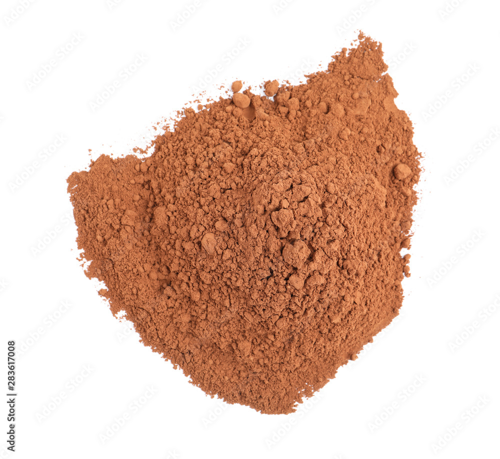 Pile of chocolate protein powder isolated on white, top view Pile of chocolate protein powder isolated on white, top view
