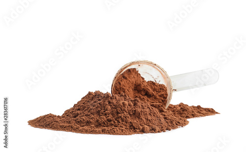 Fotografi Pile of chocolate protein powder and scoop isolated on white