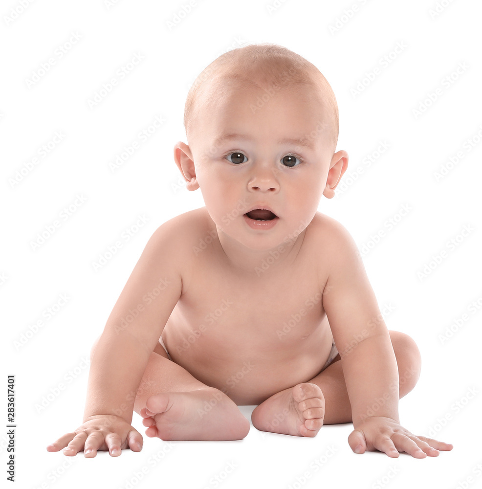 Cute little baby sitting on white background Cute little baby sitting on white background