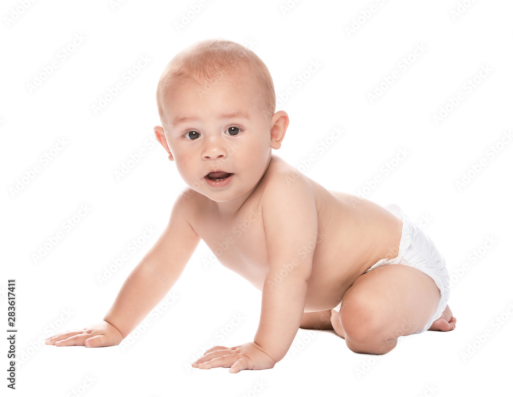 Cute little baby crawling on white background Cute little baby crawling on white background
