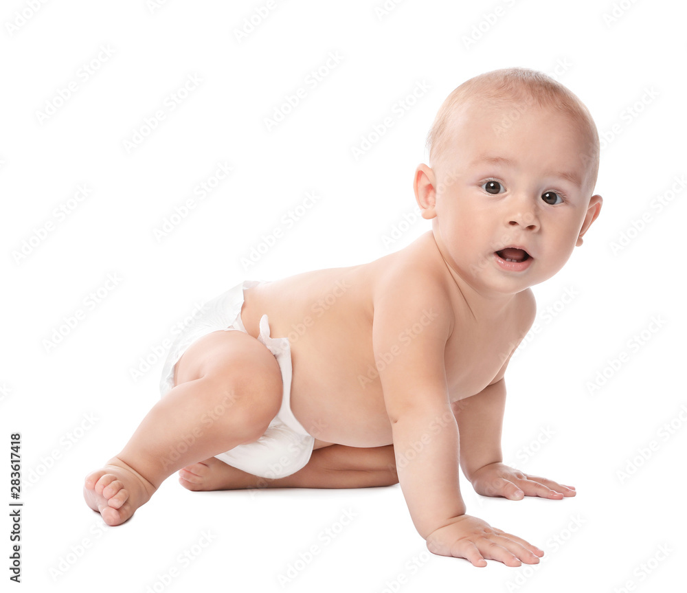 Cute little baby crawling on white background Cute little baby crawling on white background