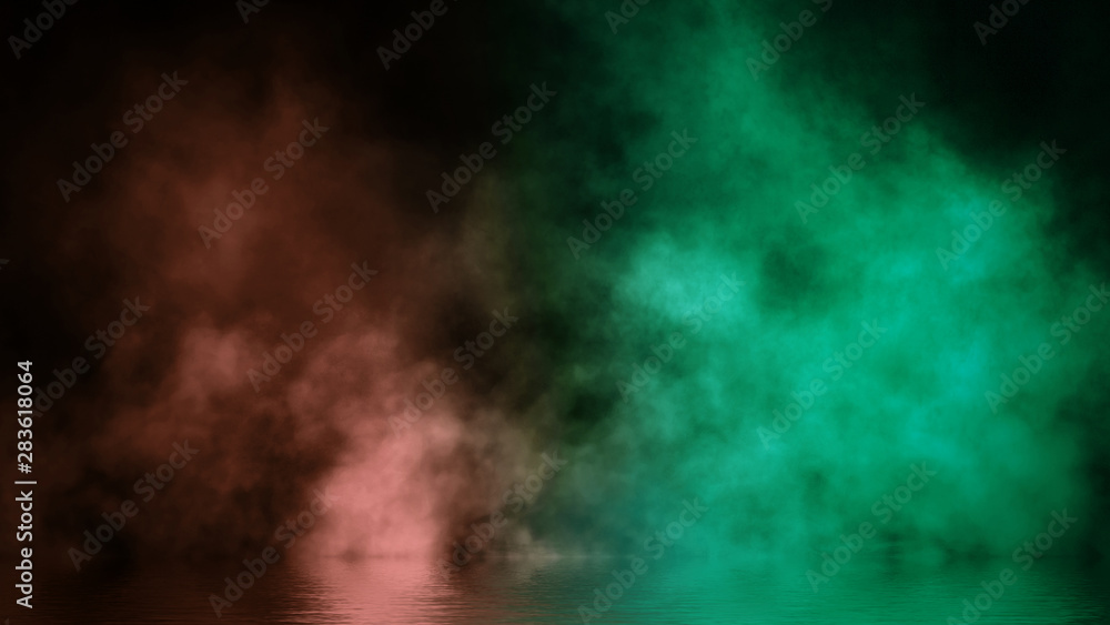 Fog reflection in water. Mistery smoke texture overlays on background. Design element.