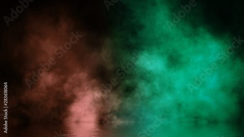 Fog reflection in water. Mistery smoke texture overlays on background. Design element.