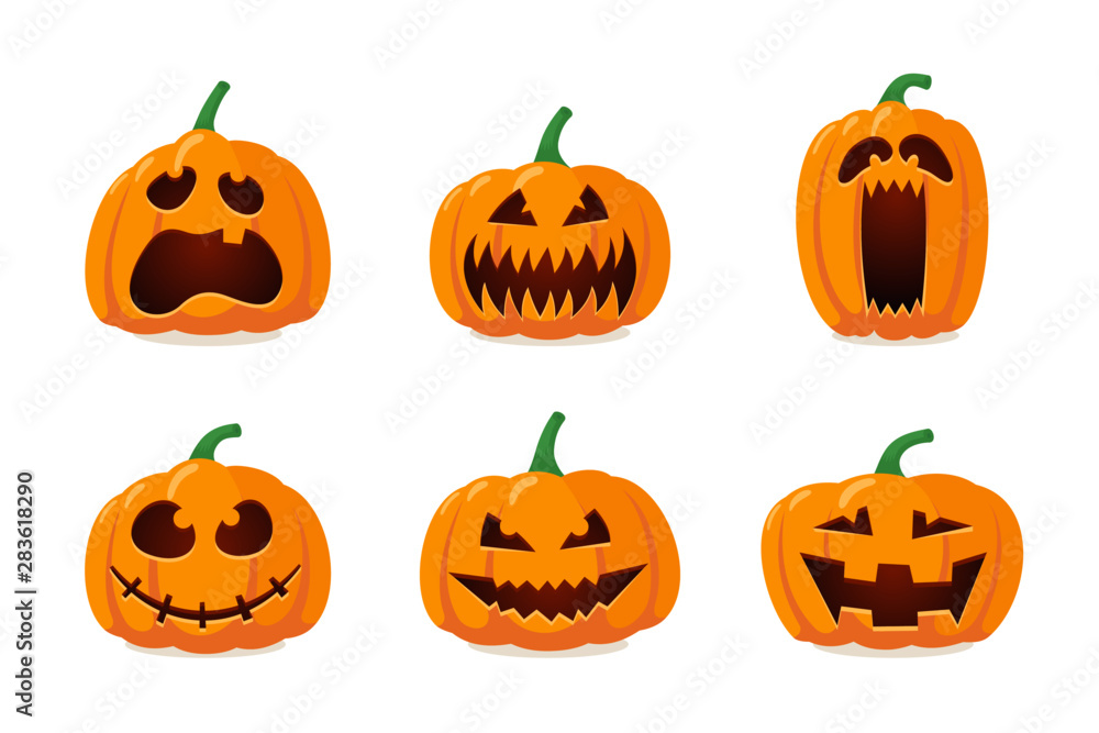 © Azat Valeev - Halloween monster jack lantern orange pumpkin carved glowing scary face set on white background. Holiday cartoon character collection for celebration design. Vector spooky illustration